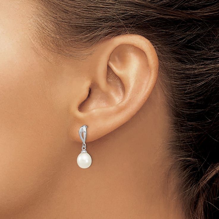 Rhodium Over Sterling Silver 7-8mm White Freshwater Cultured Pearl Post
Dangle Earrings