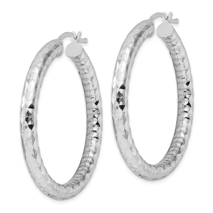 Rhodium Over Sterling Silver 4.00mm Diamond-cut Hoop Earrings