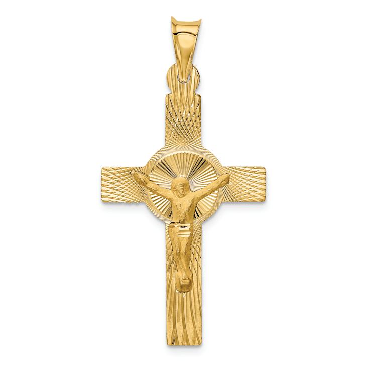 14k Yellow Gold Polished Satin and Diamond-Cut Crucifix Pendant