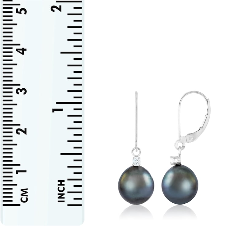 14k white gold leverback earrings with .10CT DTW and 8-9mm Tahitian pearls
