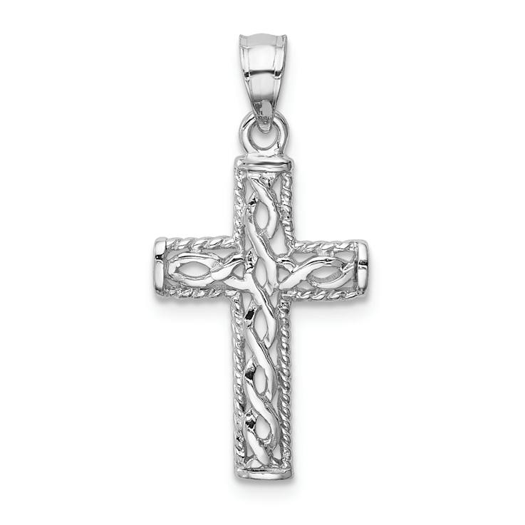 Rhodium Over 14k White Gold Polished and Textured Braided Cross Pendant