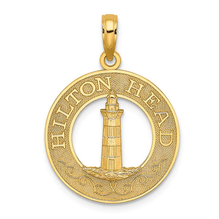 14k Yellow Gold Textured HILTON HEAD Lighthouse Round Charm