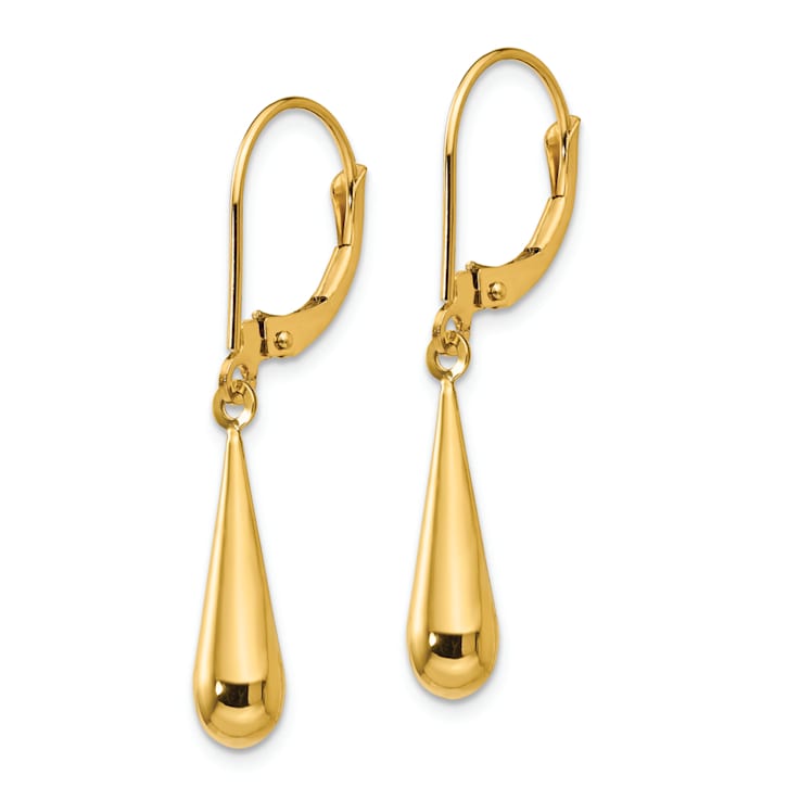 14K Yellow Gold Teardrop Dangle Leverback Earrings