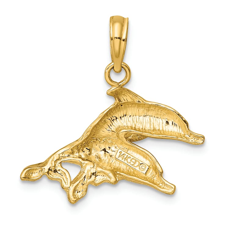 14k Yellow Gold Polished and Textured Dolphins Charm