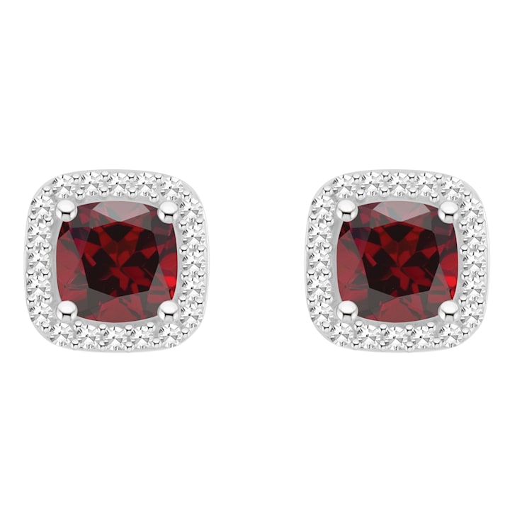 5mm Cushion Garnet 1/5 ctw Diamond Rhodium Over Sterling Silver Halo
Stud Earrings