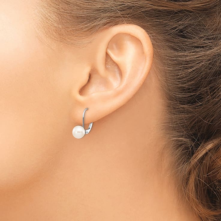 Rhodium Over 14K White Gold 7-8mm Round Freshwater Cultured Pearl
Leverback Earrings