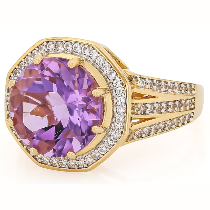 Amethyst Round And White Zircon Ring In 18K Gold Over Sterling Silver 4.29ctw