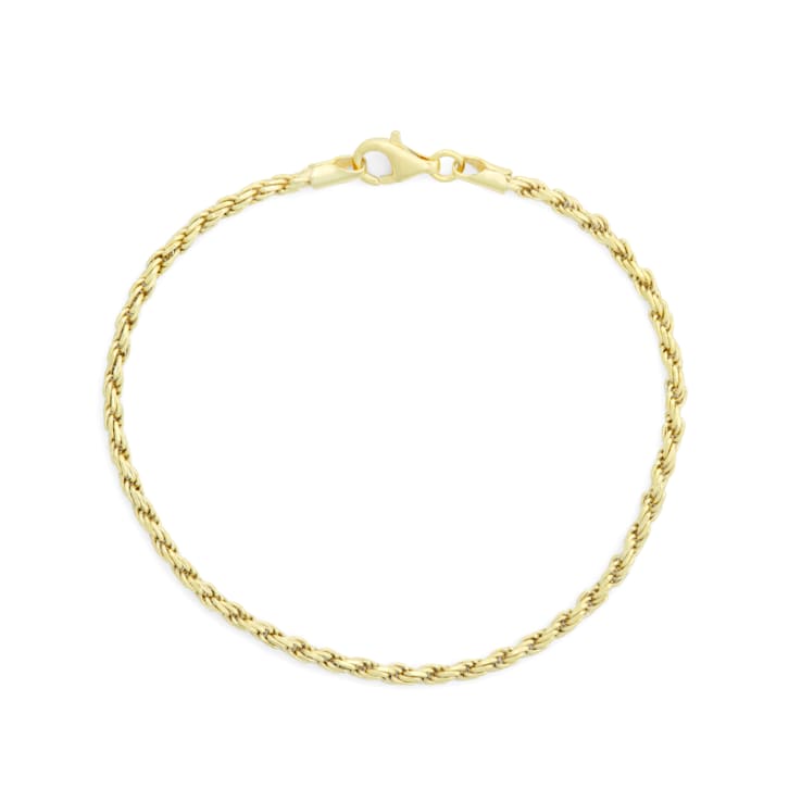 14K Yellow Gold Over Sterling Silver 2.35mm Rope Chain Bracelet