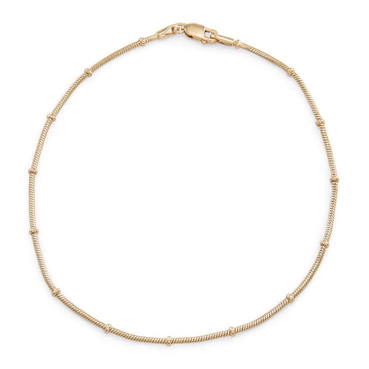 14K Yellow Gold Over Sterling Silver 2.3mm Rosary Snake Chain Anklet