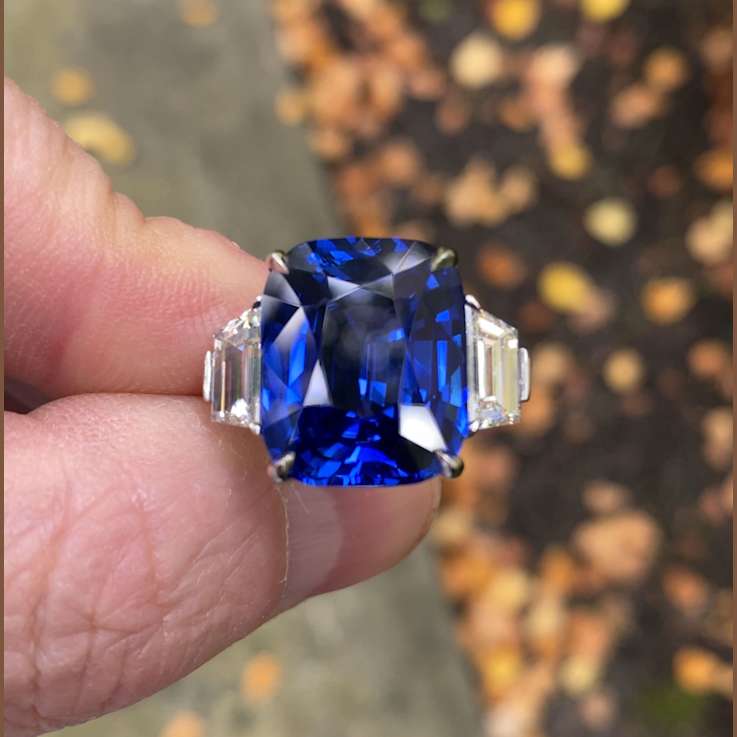 Platinum 16.01 Carat Cushion Blue Sapphire and Diamond Ring
