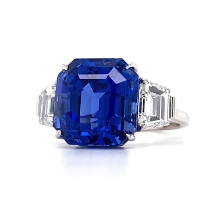 12.61 carat Square Emerald Cut Blue Sapphire and Platinum Diamond Ring