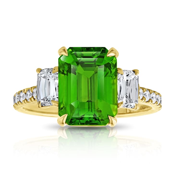 Platinum 4.02 Carat Emerald Cut Green Tsavorite and Diamond Ring