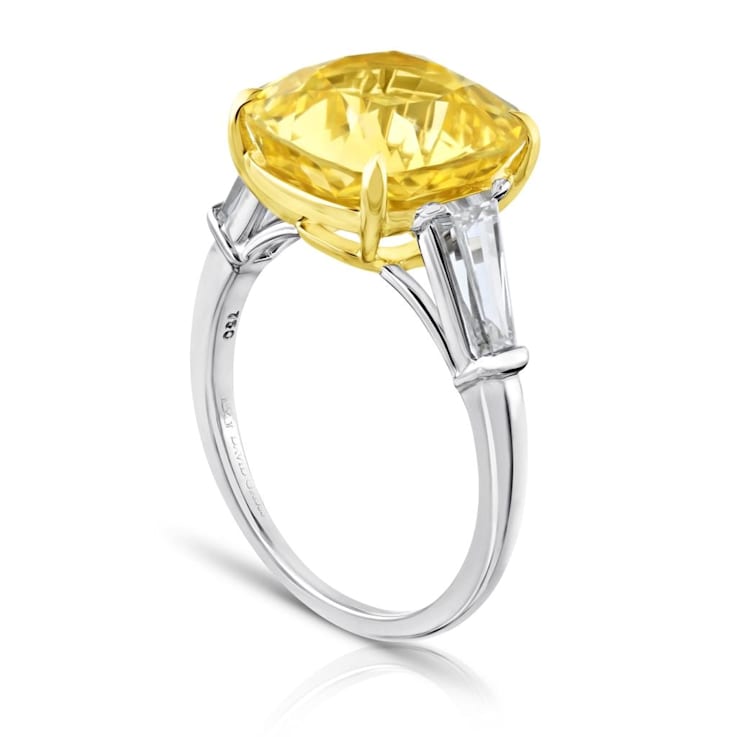 Platinum 7.54 Carat Cushion Yellow  Sapphire and Diamond Ring