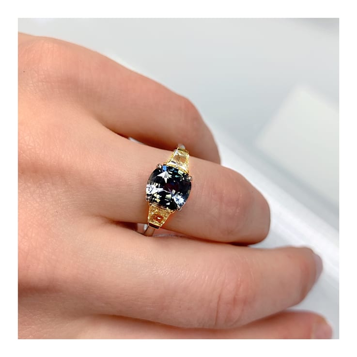 3.15ctw Cushion Greenish Blue Sapphire and Diamond Platinum Ring