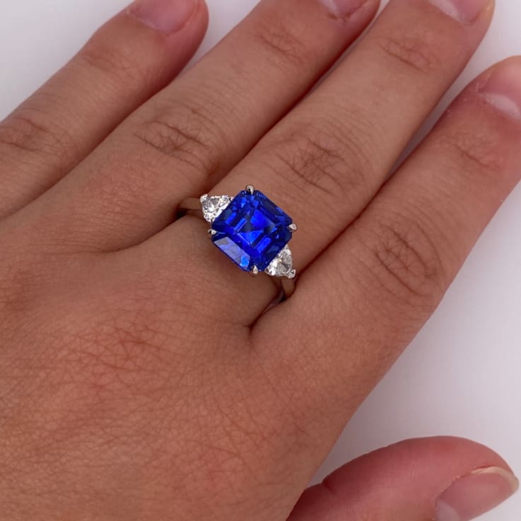 Square Blue Sapphire and Diamond Platinum Ring 6.23ctw