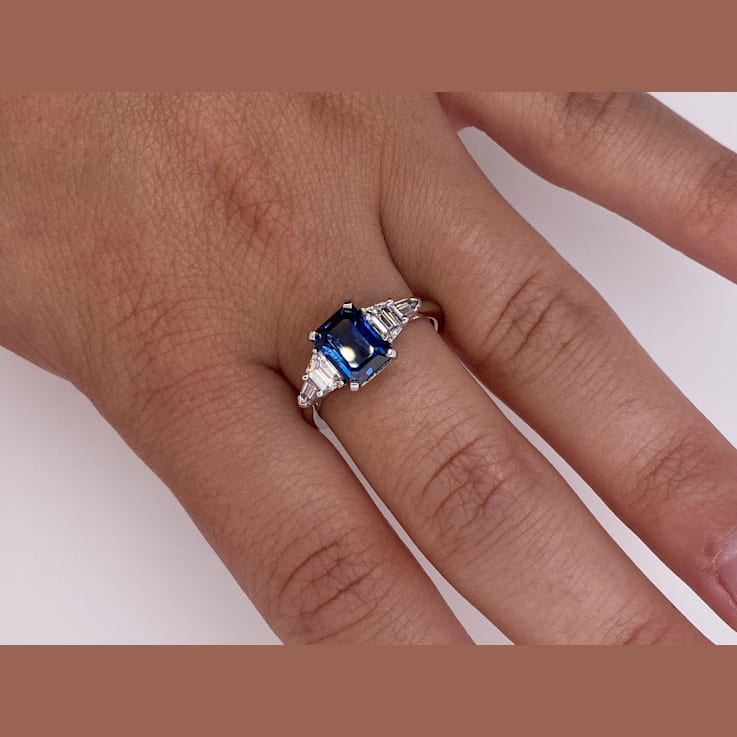 Rectangular Octagonal Blue Sapphire and Diamond Platinum Ring 3.04ctw