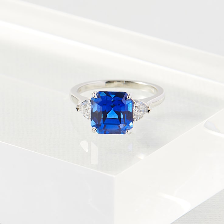 Square Blue Sapphire and Diamond Platinum Ring 6.23ctw
