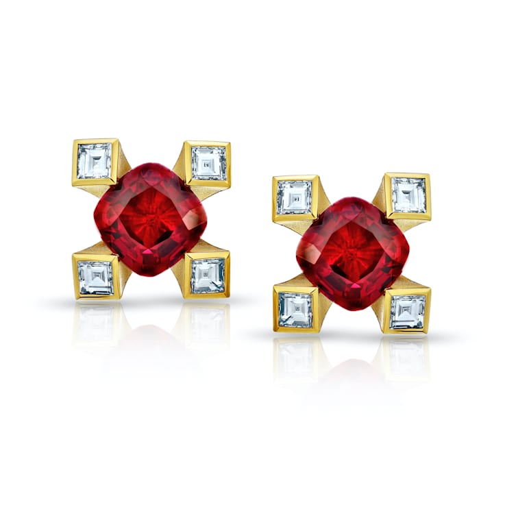 1.12 Carat Cushion Red Ruby and Diamond Earrings