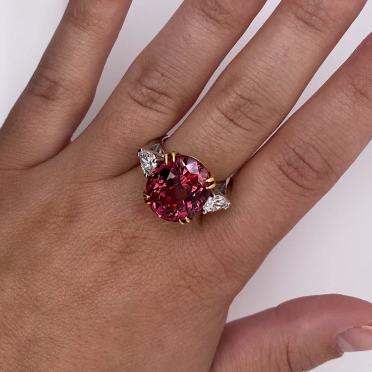 Oval Red Spinel and Diamond Platinum 3-Stone Ring 16.16ctw