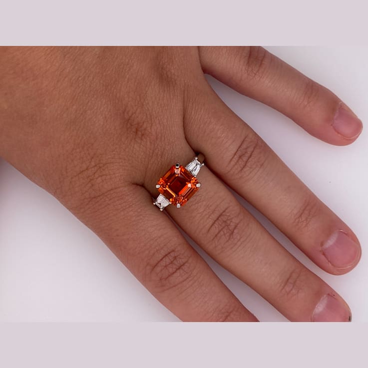 6.90ctw Square Emerald Cut Orange Sapphire and Diamond Platinum Ring