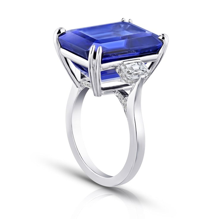 Rectangular Octagonal Blue Tanzanite and Diamond Platinum Ring 21.13ctw