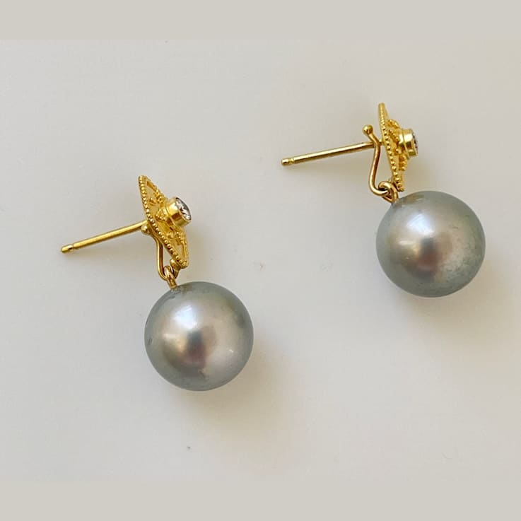 11mm Baby Blue Tahitian Cultured Pearl & Diamond Bali Style Earrings
with 18k Yellow Gold