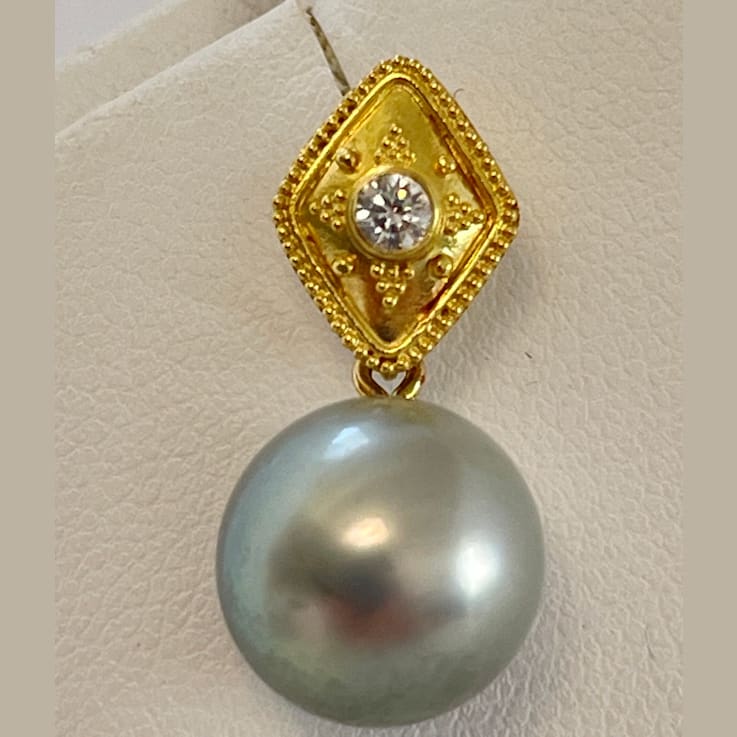 11mm Baby Blue Tahitian Cultured Pearl & Diamond Bali Style Earrings
with 18k Yellow Gold