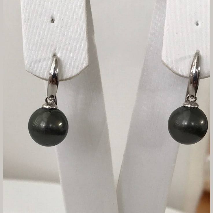 AAA 10mm Round Natural Color High Luster Tahitian Cultured Pearl Dangle
Earrings with 14K White Gold