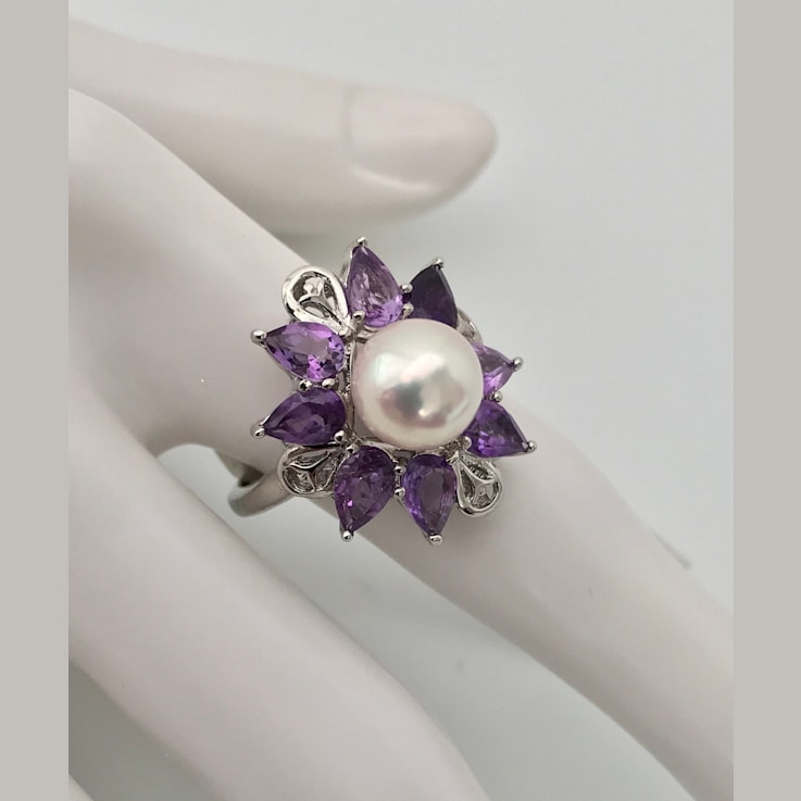 8mm AAA White Akoya (Japanese) Cultured Pearl Ring with Amethyst