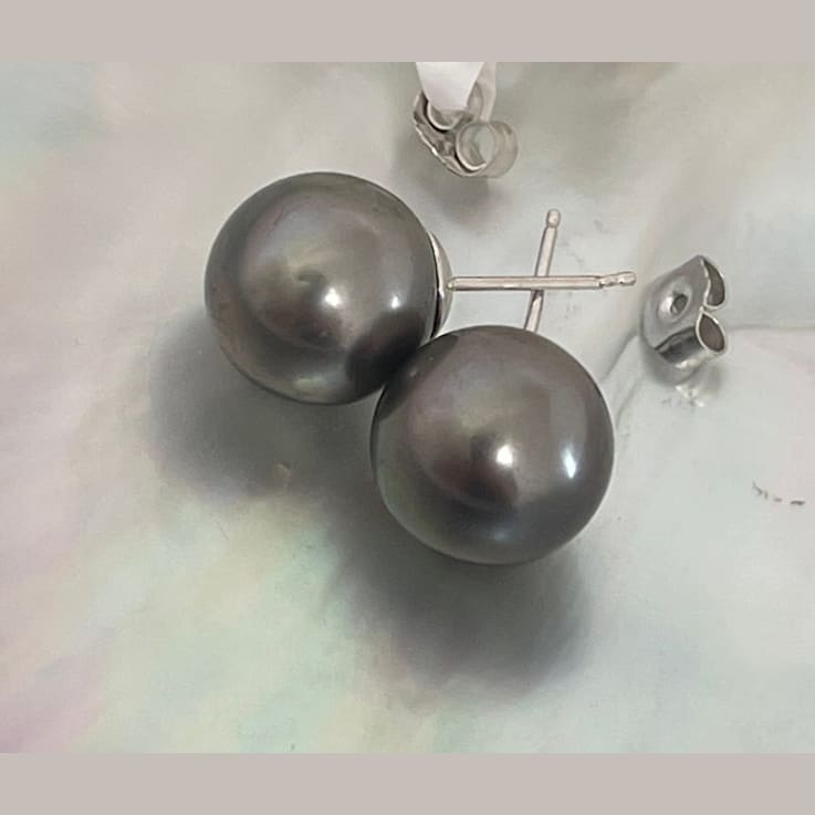 High Luster Tahitian Cultured Natural Traditional Color 10mm Pearl
Earrings with 14K White Gold
