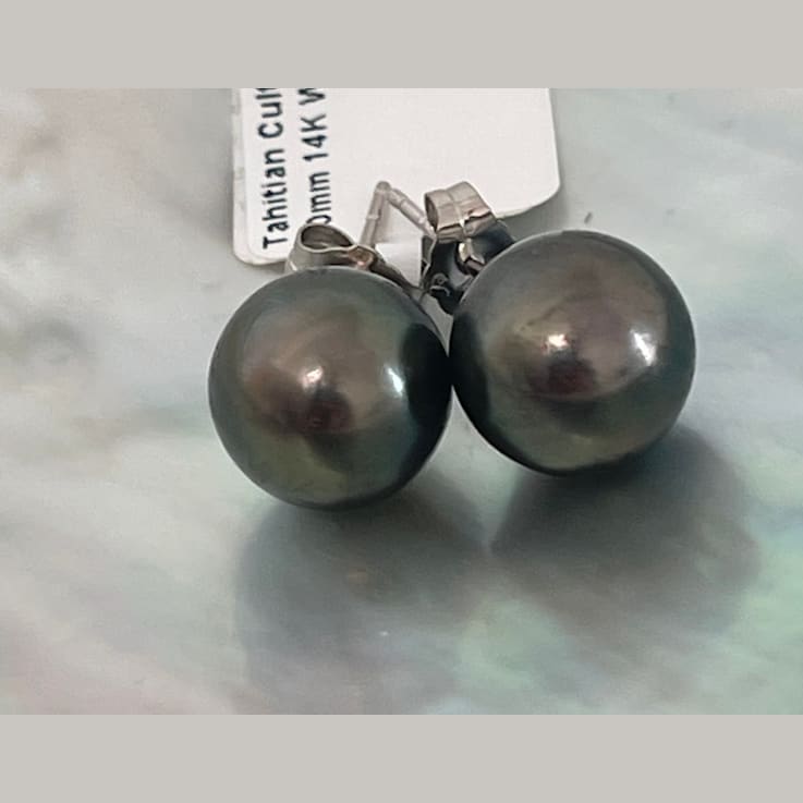 High Luster Tahitian Cultured Pearl Natural Dark Green Color 10mm
Earrings with 14K White Gold