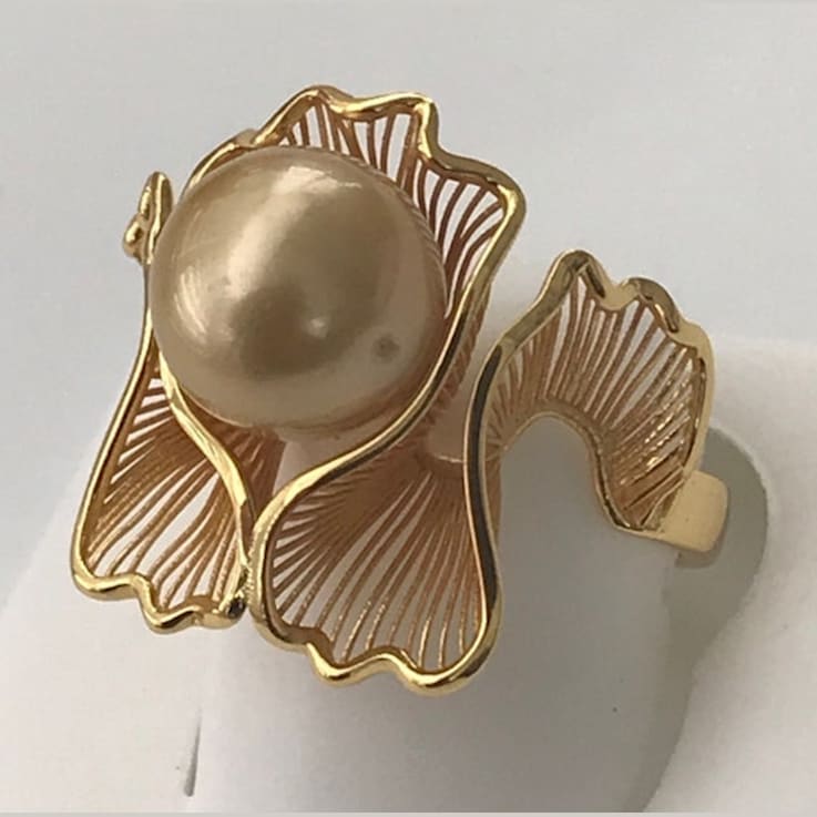 Delicate Ripple 10mm Golden South Sea Cultured Pearl Ring with 18K Gold plating
