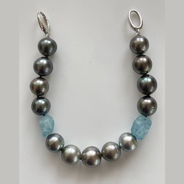 Lovely Tahitian 11mm Cultured Pearl & Aquamarines 7.25” Bracelet