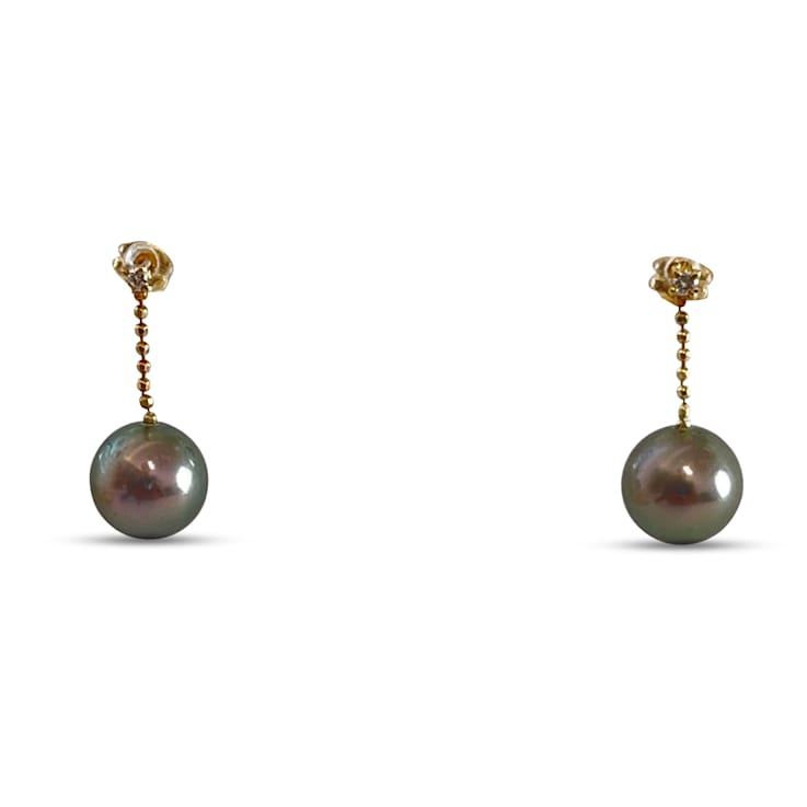 Diamond Accent Earrings with 8mm AAA Round Tahitian Cultured Pearls
& 18K Yellow Gold