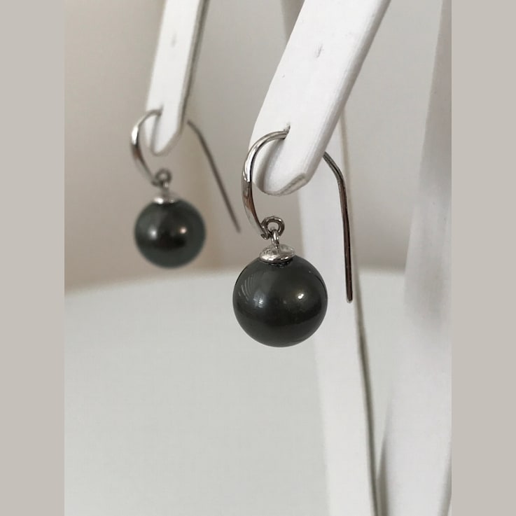 AAA 10mm Round Natural Color High Luster Tahitian Cultured Pearl Dangle
Earrings with 14K White Gold