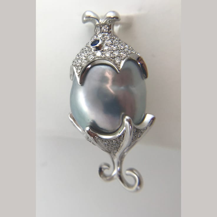 Lucky Fish 16mm Australian White South Sea Cultured Pearl Baroque
Pendant with Diamonds