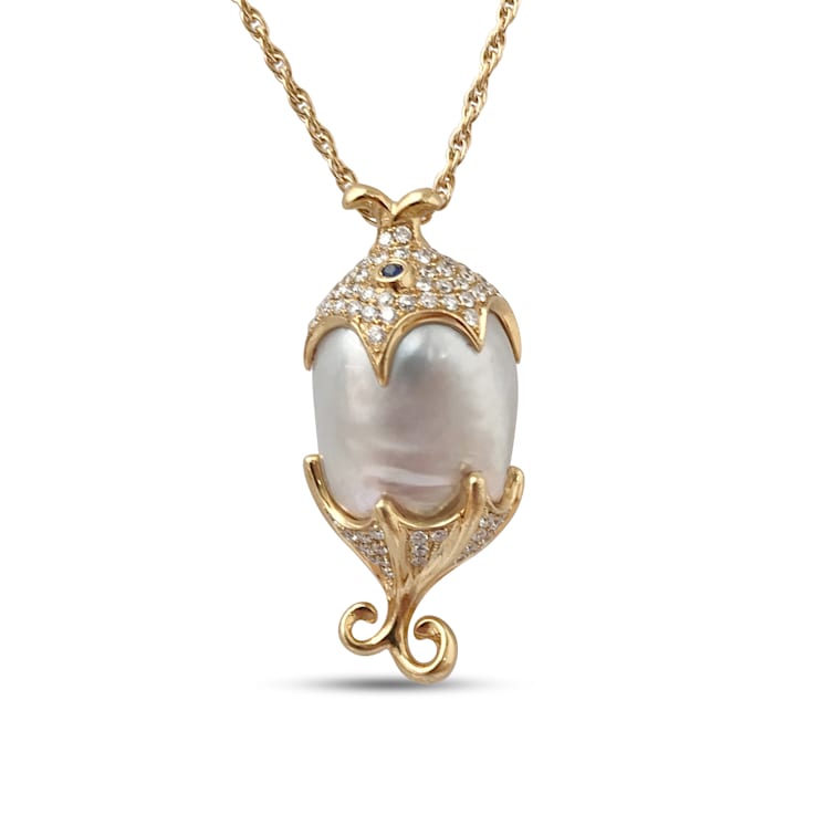 Lucky Fish 16mm Australian White South Sea Cultured Pearl Baroque
Pendant with Diamonds