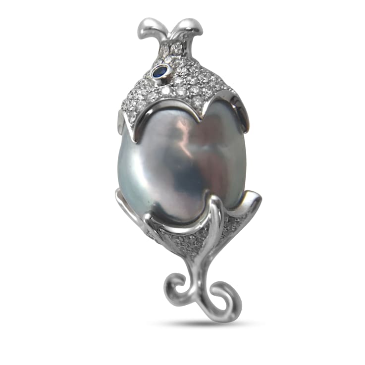 Lucky Fish 16mm Australian White South Sea Cultured Pearl Baroque
Pendant with Diamonds