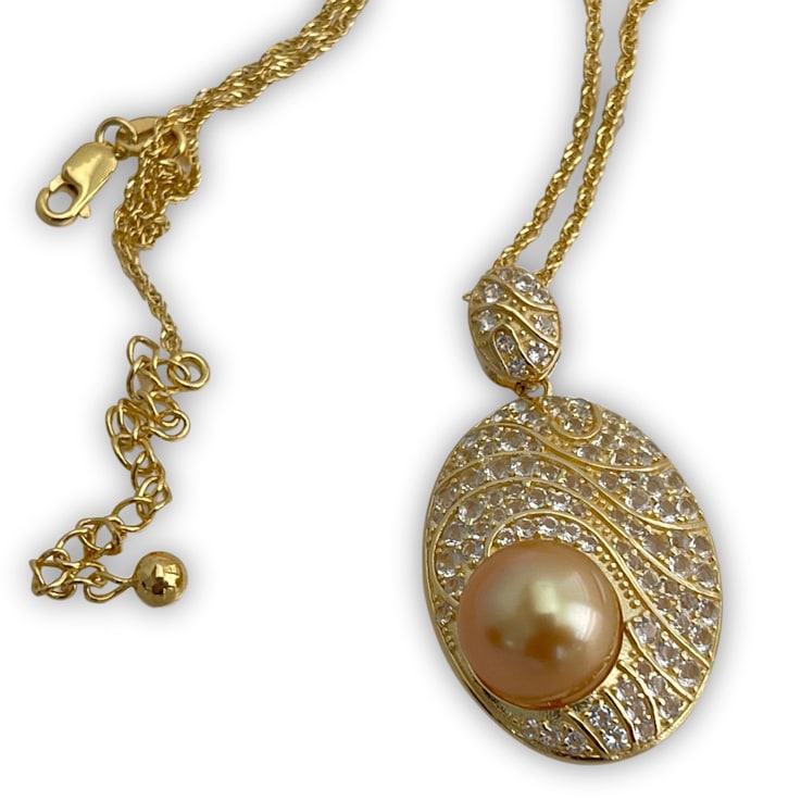 Regal 12mm Natural Color Golden South Sea Cultured Pearl 18K Gold Plated
Pendant with Topaz Accent