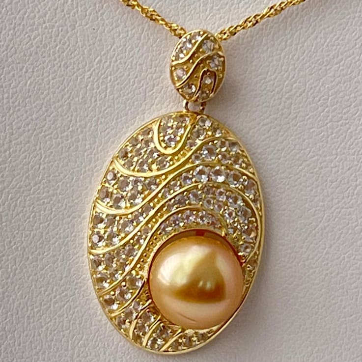 Regal 12mm Natural Color Golden South Sea Cultured Pearl 18K Gold Plated
Pendant with Topaz Accent