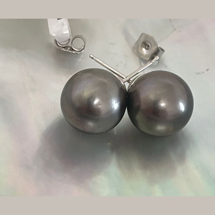 High Luster Tahitian Cultured Natural Traditional Color 10mm Pearl
Earrings with 14K White Gold