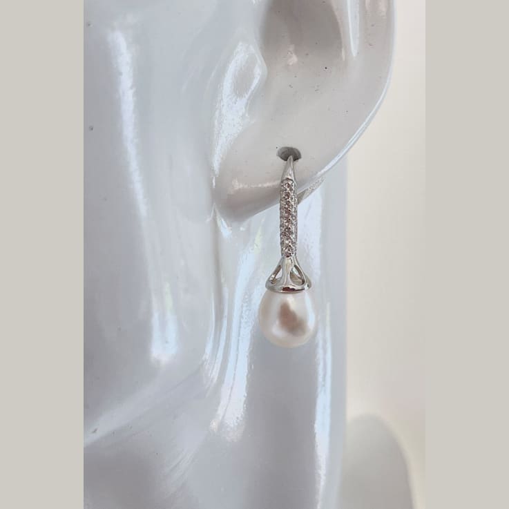 Sterling Silver Fish Hook Pearl Earrings for Women, 10mm