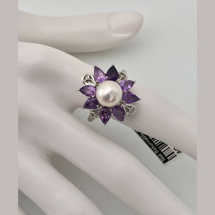 8mm AAA White Akoya (Japanese) Cultured Pearl Ring with Amethyst
