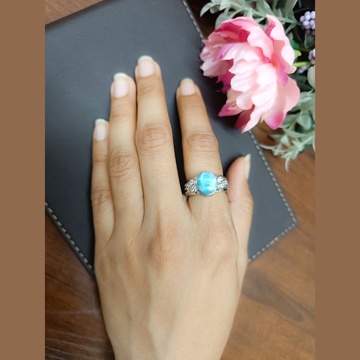 0.44Ct CZ Diamond Oval Natural Larimar Stone Fancy Ring in 14KT