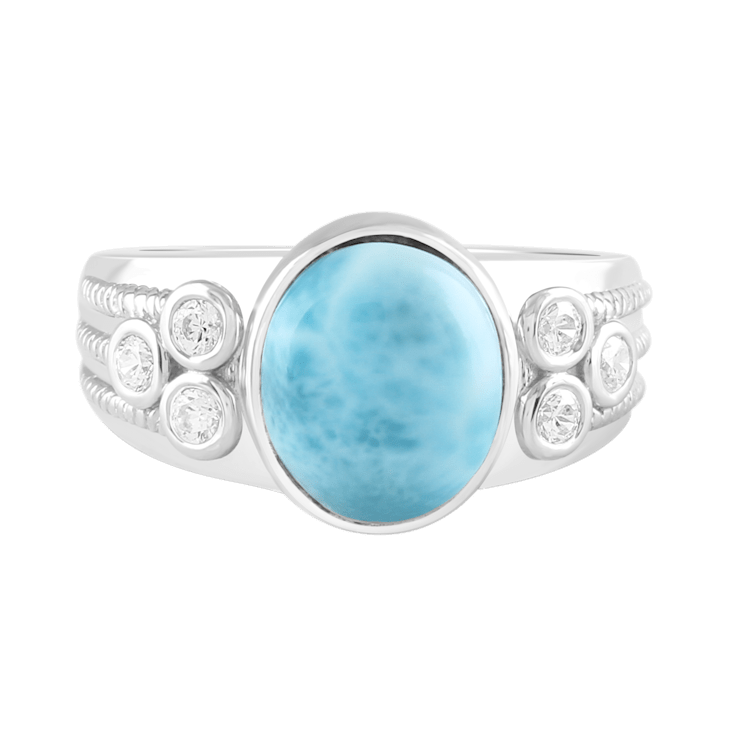 0.44Ct CZ Diamond Oval Natural Larimar Stone Fancy Ring in 14KT White Gold  Over 925 Sterling Silver - 126N1A