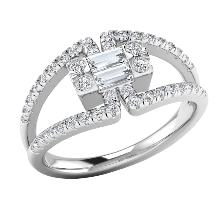 0.44ctw Round and Baguette White Diamond Cluster Split Shank Ring in
14KT Solid White Gold
