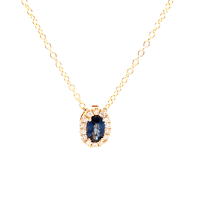 14K Yellow Gold Necklace with Diamonds and 1/4 Carat Oval Sapphire