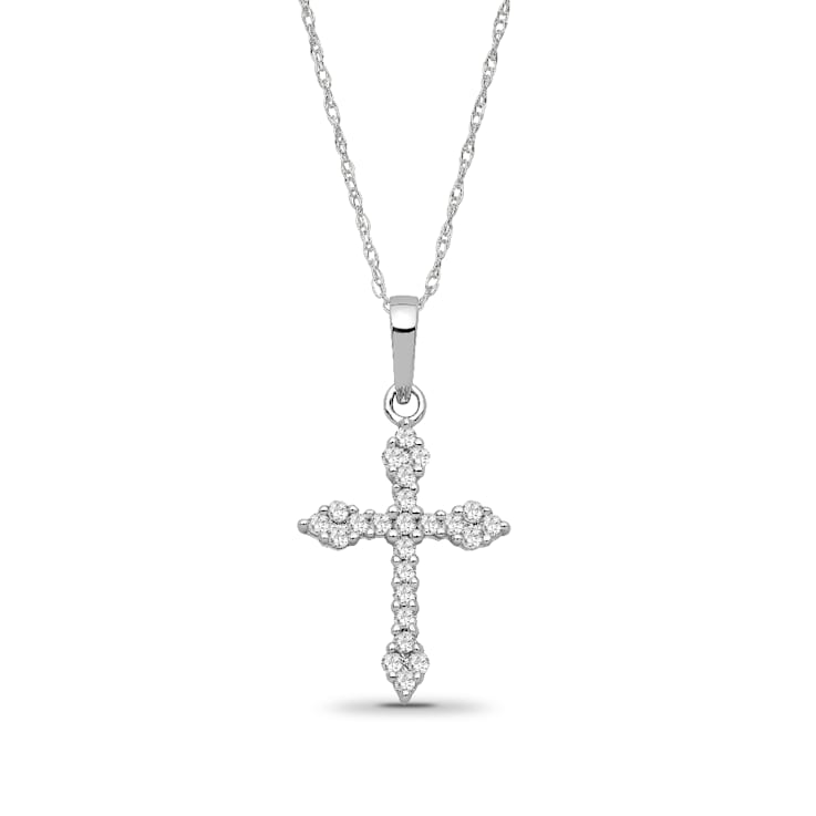 14K White Gold Diamond Cross Pendant with Sterling Silver Chain 0.75ct