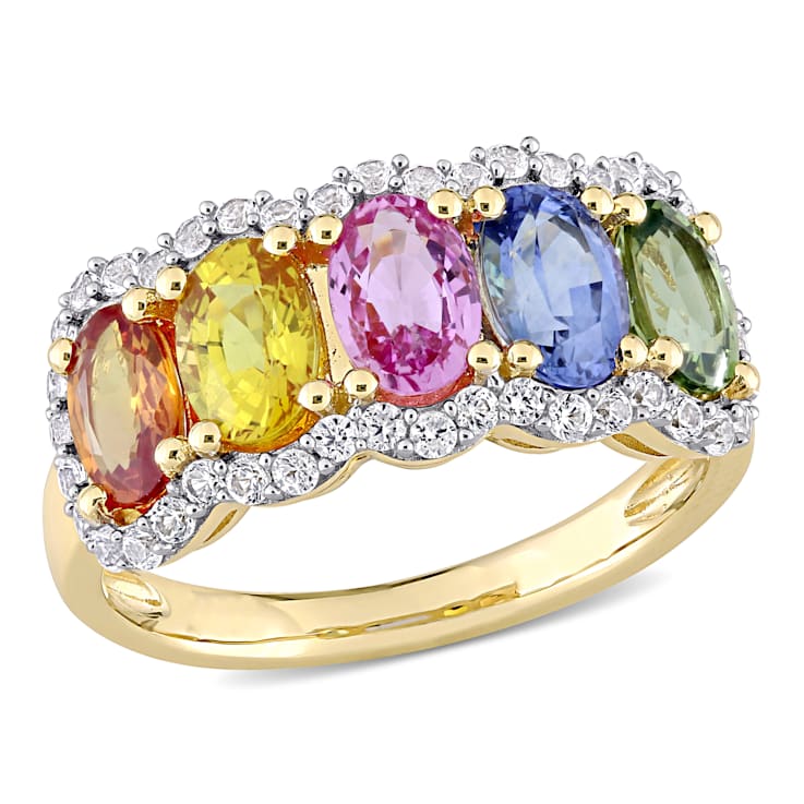 3 1/3 CT TGW Multi-Color Sapphire 5-Stone Halo Ring in 14K Yellow Gold