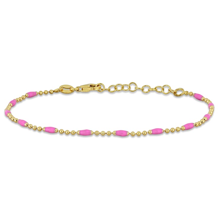Pink Enamel Station Ball Link Bracelet in Yellow Plated Sterling Silver